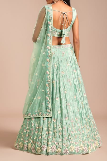Shop_Samyukta Singhania_Green Net, Linen Sequins, Zari, Stones Applique Embroidered Lehenga Set _at_Aza_Fashions