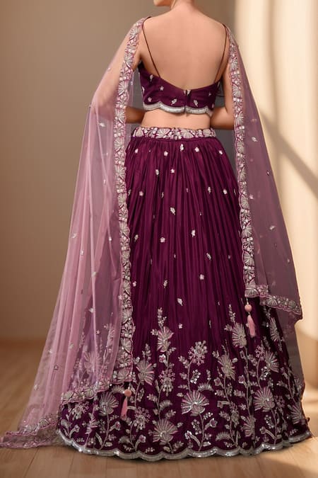 Shop_Samyukta Singhania_Burgundy Polyester, Net Sequins, Zari, Floral Bloom Embroidered Lehenga Set_at_Aza_Fashions
