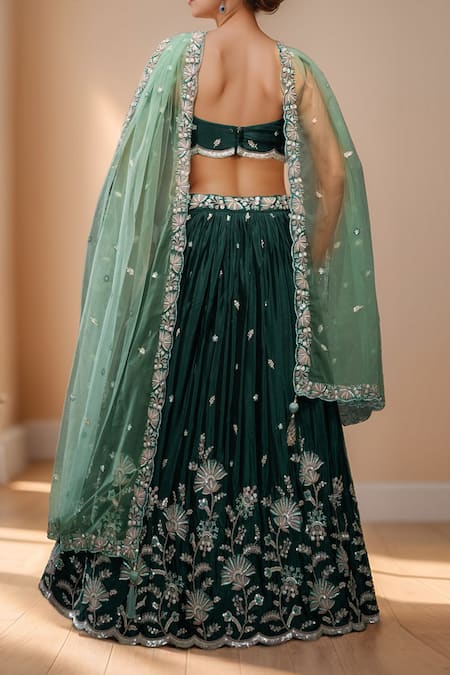 Shop Samyukta Singhania Green Polyester, Net, Cotton Sequins, Floral Bloom Embroidered Lehenga Set at Aza Fashions Shop_Samyukta Singhania_Green Polyester, Net, Cotton Sequins, Floral Bloom Embroidered Lehenga Set _at_Aza_Fashions