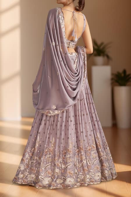 Shop_Samyukta Singhania_Purple Polyester, Georgette Sequins, Stones, Flower Vine Embroidered Lehenga Set _at_Aza_Fashions