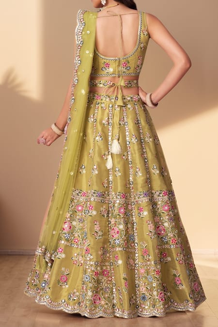 Shop_Samyukta Singhania_Gold Net, Linen Sequins, Pearls, Mirrors, Embroidery Floral Lehenga Set_at_Aza_Fashions