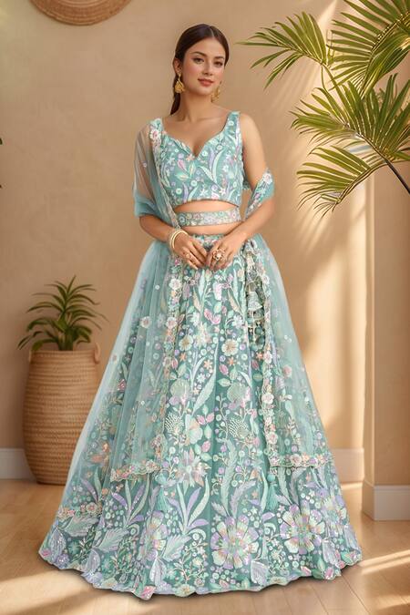 Buy_Samyukta Singhania_Blue Net, Linen Sequins, Zari, Applique Floral Embroidered Lehenga Set_Online_at_Aza_Fashions