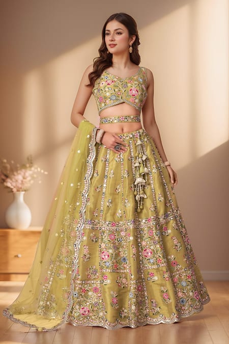 Samyukta Singhania_Gold Net, Linen Sequins, Pearls, Mirrors, Embroidery Floral Lehenga Set_Online_at_Aza_Fashions