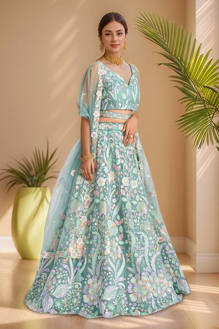 Shop_Samyukta Singhania_Blue Net, Linen Sequins, Zari, Applique Floral Embroidered Lehenga Set_Online_at_Aza_Fashions