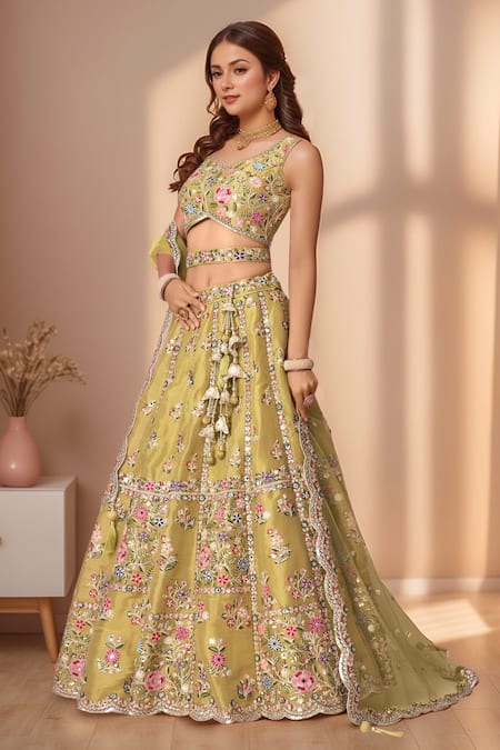 Buy_Samyukta Singhania_Gold Net, Linen Sequins, Pearls, Mirrors, Embroidery Floral Lehenga Set_Online_at_Aza_Fashions