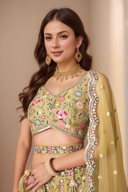 Shop_Samyukta Singhania_Gold Net, Linen Sequins, Pearls, Mirrors, Embroidery Floral Lehenga Set_Online_at_Aza_Fashions
