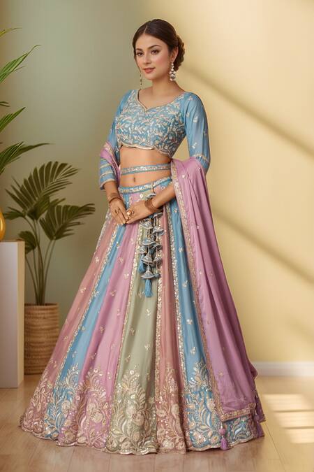 Shop_Samyukta Singhania_Multi Color Polyester, Georgette Sequins, Gradient Floral Vine Lehenga Set_Online_at_Aza_Fashions