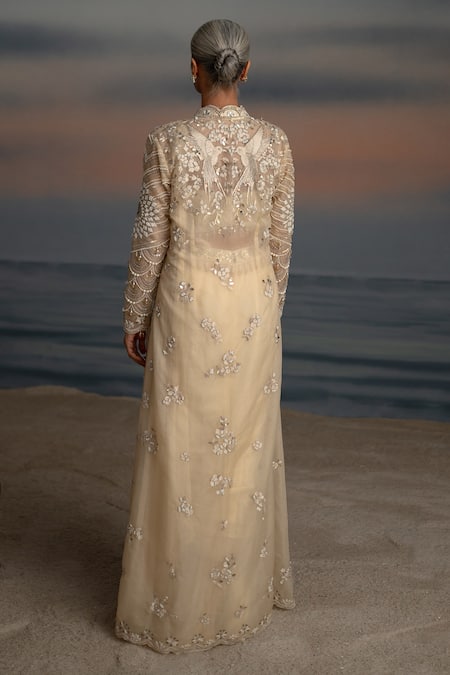 Shop_Shashank Arya_Ivory Organza, Georgette, Satin Pearls, Floral Garden Jacket Saree Set _at_Aza_Fashions