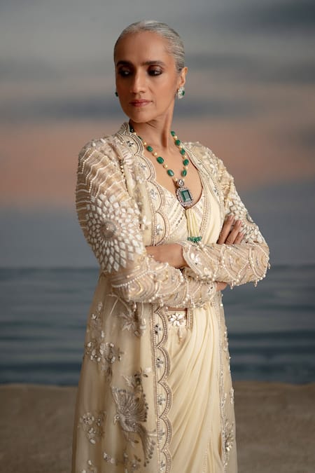 Shashank Arya_Ivory Organza, Georgette, Satin Pearls, Floral Garden Jacket Saree Set _Online_at_Aza_Fashions