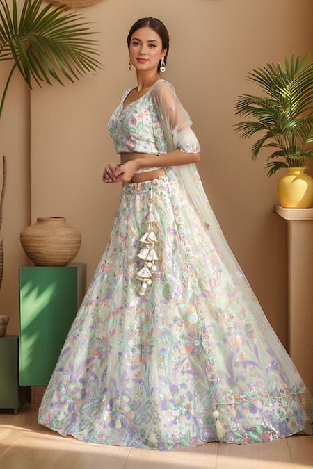 Samyukta Singhania Cream Net Sequins, Stones Sweetheart Neck Embellished Lehenga Set Online at Aza Fashions Samyukta Singhania_Cream Net Sequins, Stones Sweetheart Neck Embellished Lehenga Set _Online_at_Aza_Fashions