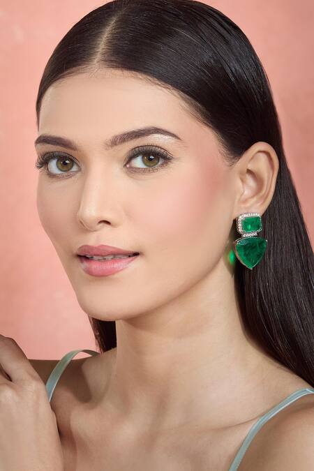 Moh-Maya By Disha Khatri_Emerald Green Crystals, Stones Studded Dangler Earrings _at_Aza_Fashions