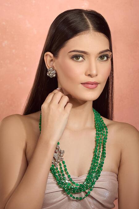 Moh-Maya By Disha Khatri Green Beads, Diamonds Moissanite Polki Necklace Set at Aza Fashions Moh-Maya By Disha Khatri_Green Beads, Diamonds Moissanite Polki Necklace Set _at_Aza_Fashions