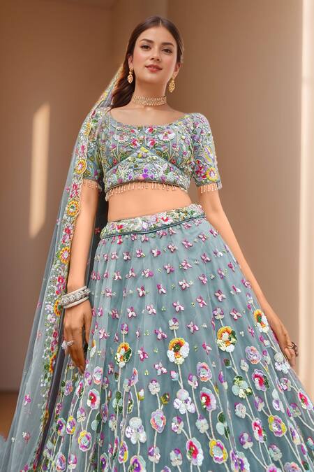 Buy_Samyukta Singhania_Blue Net Beads, Sequins, Stones, Embroidery Turquoise Garden Lehenga Set_Online_at_Aza_Fashions