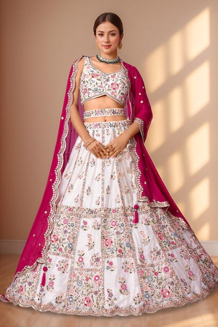 Samyukta Singhania Cream Polyester, Georgette Sequins, Pearls Floral Thread Embroidered Lehenga Set Online at Aza Fashions Samyukta Singhania_Cream Polyester, Georgette Sequins, Pearls Floral Thread Embroidered Lehenga Set _Online_at_Aza_Fashions