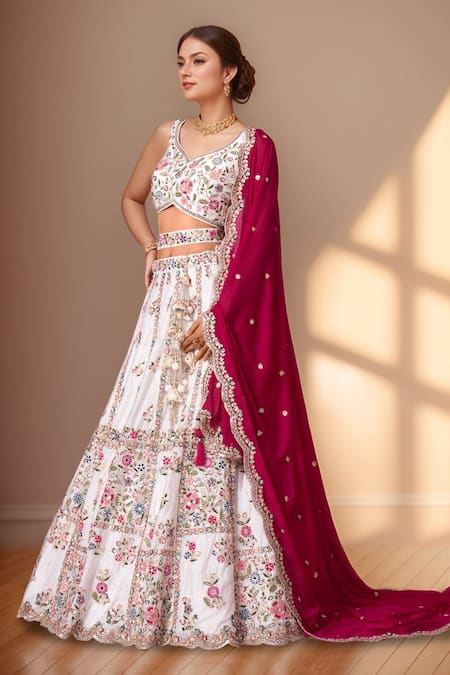 Buy Samyukta Singhania Cream Polyester, Georgette Sequins, Pearls Floral Thread Embroidered Lehenga Set Online at Aza Fashions Buy_Samyukta Singhania_Cream Polyester, Georgette Sequins, Pearls Floral Thread Embroidered Lehenga Set _Online_at_Aza_Fashions