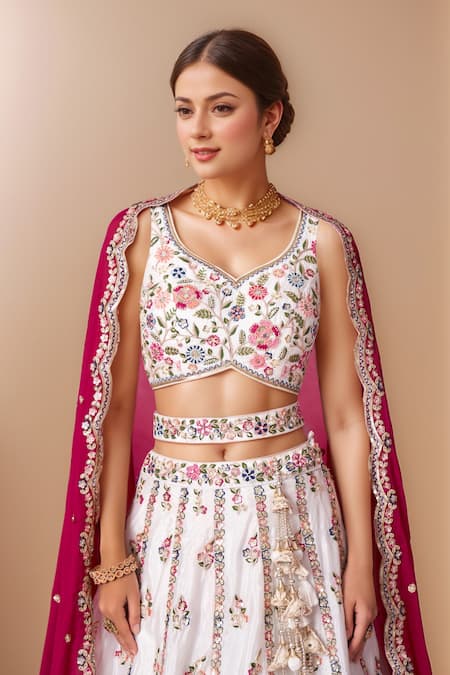 Samyukta Singhania Cream Polyester, Georgette Sequins, Pearls Floral Thread Embroidered Lehenga Set at Aza Fashions Samyukta Singhania_Cream Polyester, Georgette Sequins, Pearls Floral Thread Embroidered Lehenga Set _at_Aza_Fashions