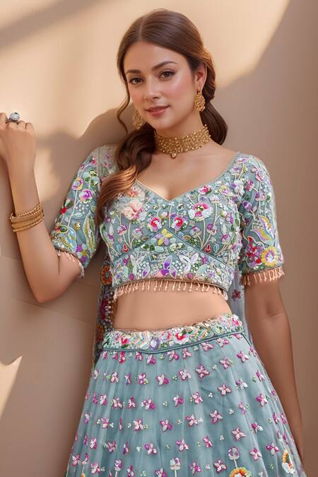 Shop_Samyukta Singhania_Blue Net Beads, Sequins, Stones, Embroidery Turquoise Garden Lehenga Set_Online_at_Aza_Fashions