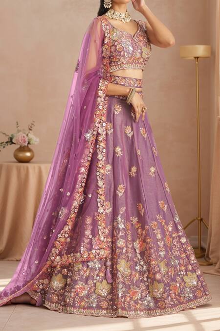 Buy_Samyukta Singhania_Purple Organza, Net Sequins Asymmetric Floral Patchwork Embroidered Lehenga Set_Online_at_Aza_Fashions