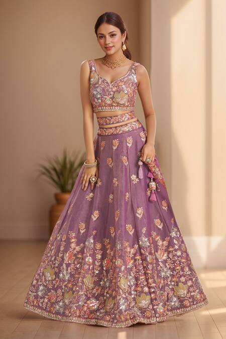 Shop_Samyukta Singhania_Purple Organza, Net Sequins Asymmetric Floral Patchwork Embroidered Lehenga Set_Online_at_Aza_Fashions