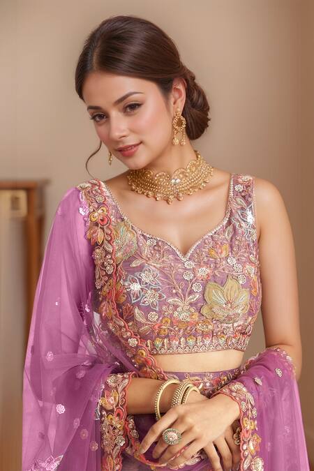 Buy_Samyukta Singhania_Purple Organza, Net Sequins Asymmetric Floral Patchwork Embroidered Lehenga Set