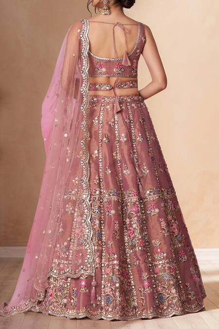 Shop Samyukta Singhania Rose Gold Net, Linen Sequins, Mirrors, Pearls Floral Embroidered Lehenga Set at Aza Fashions Shop_Samyukta Singhania_Rose Gold Net, Linen Sequins, Mirrors, Pearls Floral Embroidered Lehenga Set_at_Aza_Fashions