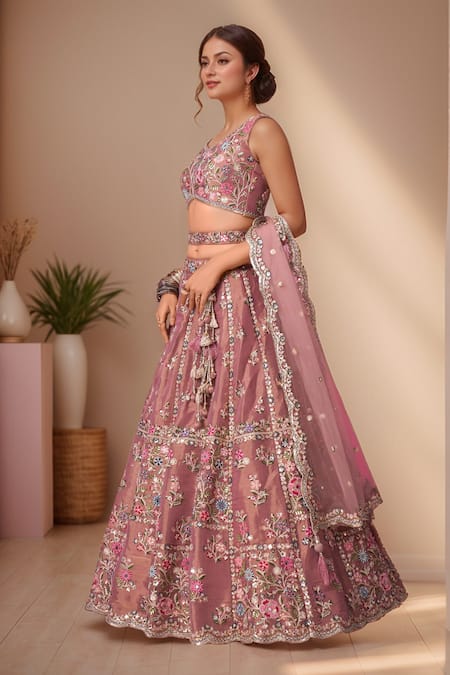 Buy Samyukta Singhania Rose Gold Net, Linen Sequins, Mirrors, Pearls Floral Embroidered Lehenga Set Online at Aza Fashions Buy_Samyukta Singhania_Rose Gold Net, Linen Sequins, Mirrors, Pearls Floral Embroidered Lehenga Set_Online_at_Aza_Fashions