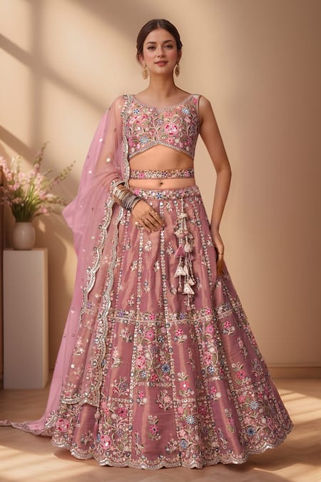 Shop Samyukta Singhania Rose Gold Net, Linen Sequins, Mirrors, Pearls Floral Embroidered Lehenga Set Online at Aza Fashions Shop_Samyukta Singhania_Rose Gold Net, Linen Sequins, Mirrors, Pearls Floral Embroidered Lehenga Set_Online_at_Aza_Fashions