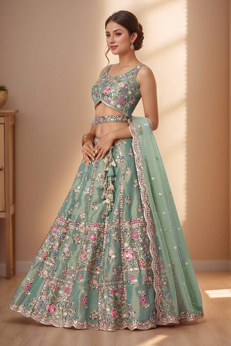 Buy_Samyukta Singhania_Green Net, Linen Sequins, Pearls, Mirrors, Embroidery, Floral Zari Lehenga Set_Online_at_Aza_Fashions