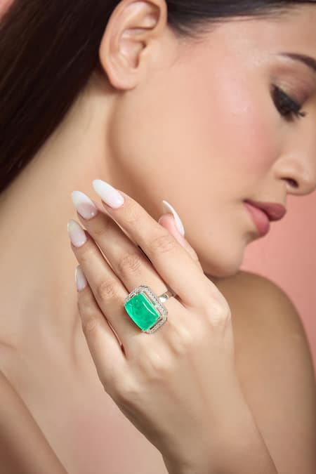 Shop Moh-Maya By Disha Khatri Green Zari, Stones Zircon Embellished Ring Online at Aza Fashions Shop_Moh-Maya By Disha Khatri_Green Zari, Stones Zircon Embellished Ring _Online_at_Aza_Fashions