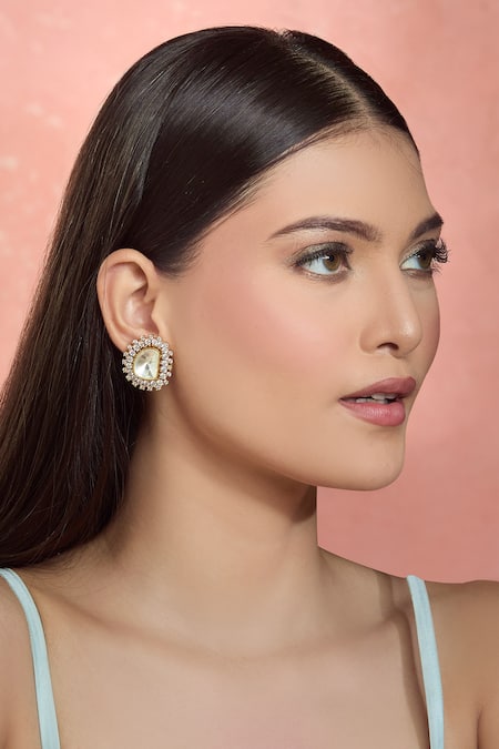 Shop Moh-Maya By Disha Khatri White Zari, Mirrors Moissanite Stone Zircon Stud Earrings Online at Aza Fashions Shop_Moh-Maya By Disha Khatri_White Zari, Mirrors Moissanite Stone Zircon Stud Earrings _Online_at_Aza_Fashions