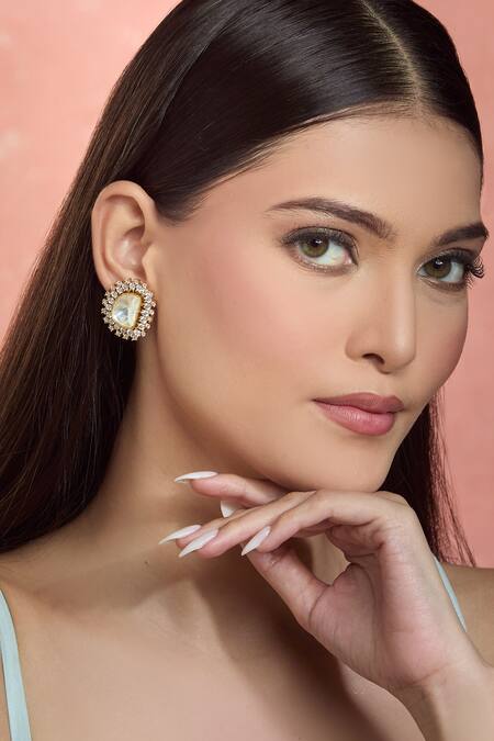 Moh-Maya By Disha Khatri White Zari, Mirrors Moissanite Stone Zircon Stud Earrings at Aza Fashions Moh-Maya By Disha Khatri_White Zari, Mirrors Moissanite Stone Zircon Stud Earrings _at_Aza_Fashions