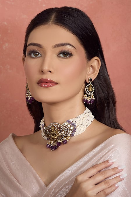 Buy_Moh-Maya By Disha Khatri_White Beads, Diamonds Gold Plated Goddess Motif Necklace Set 