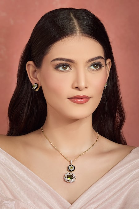 Moh-Maya By Disha Khatri_Green Crystals, Stones Cubic Zirconia And Sapphire Necklace Set _at_Aza_Fashions
