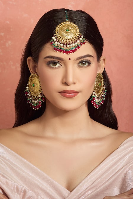 Shop_Moh-Maya By Disha Khatri_Multi Color Beads Gold Plated Floral Carved Jewelry Set _Online_at_Aza_Fashions