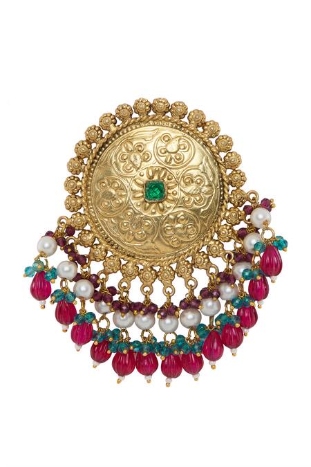 Moh-Maya By Disha Khatri_Multi Color Beads Gold Plated Floral Carved Jewelry Set _at_Aza_Fashions