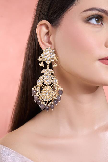 Moh-Maya By Disha Khatri_Multi Color Stones, Beads Moon Floral Carved Danglers_at_Aza_Fashions