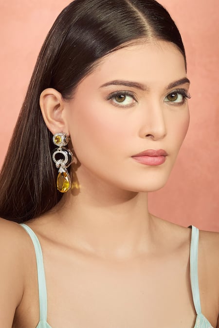 Shop_Moh-Maya By Disha Khatri_Yellow Crystals Cubic Zirconia Danglers With Citrine _Online_at_Aza_Fashions