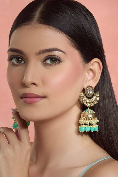 Shop_Moh-Maya By Disha Khatri_Green Crystals, Beads, Diamonds Gold Plated Floral Moissanite Danglers_Online_at_Aza_Fashions