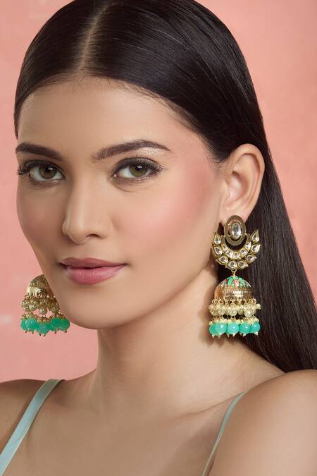 Moh-Maya By Disha Khatri_Green Crystals, Beads, Diamonds Gold Plated Floral Moissanite Danglers_at_Aza_Fashions