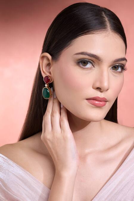 Buy Moh-Maya By Disha Khatri Multi Color Crystals, Stones Ruby And Emerald Dangler Earrings Online at Aza Fashions Buy_Moh-Maya By Disha Khatri_Multi Color Crystals, Stones Ruby And Emerald Dangler Earrings _Online_at_Aza_Fashions