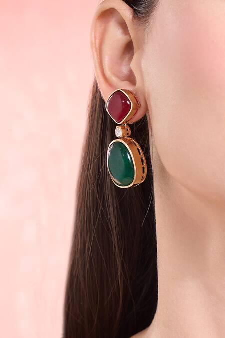 Moh-Maya By Disha Khatri Multi Color Crystals, Stones Ruby And Emerald Dangler Earrings at Aza Fashions Moh-Maya By Disha Khatri_Multi Color Crystals, Stones Ruby And Emerald Dangler Earrings _at_Aza_Fashions