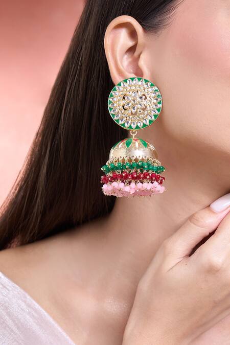 Moh-Maya By Disha Khatri Multi Color Beads, Mirrors Gold Plated Multicolor Jhumkas at Aza Fashions Moh-Maya By Disha Khatri_Multi Color Beads, Mirrors Gold Plated Multicolor Jhumkas _at_Aza_Fashions