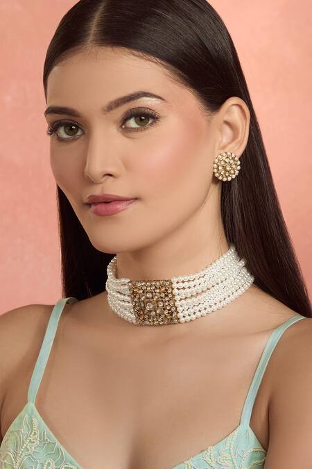 Buy Moh-Maya By Disha Khatri Gold Plated Pearls, Crystals, Stones Layered Choker Set Buy_Moh-Maya By Disha Khatri_Gold Plated Pearls, Crystals, Stones Layered Choker Set