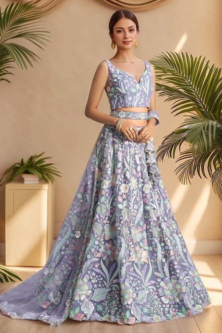 Buy_Samyukta Singhania_Purple Net, Linen Sequins, Stones Sweetheart Pastel Embellished Lehenga Set_Online_at_Aza_Fashions