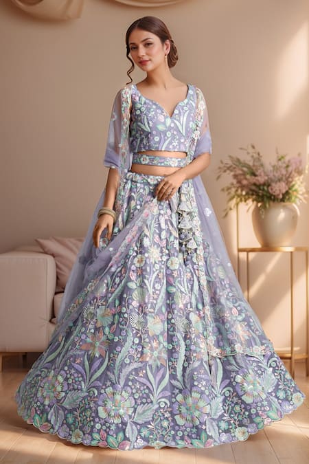 Samyukta Singhania_Purple Net, Linen Sequins, Stones Sweetheart Pastel Embellished Lehenga Set_at_Aza_Fashions