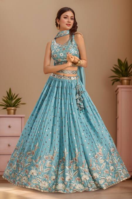 Samyukta Singhania_Blue Polyester, Georgette Sequins, Zari, Embroidered Flower Vine Lehenga Set _Online_at_Aza_Fashions