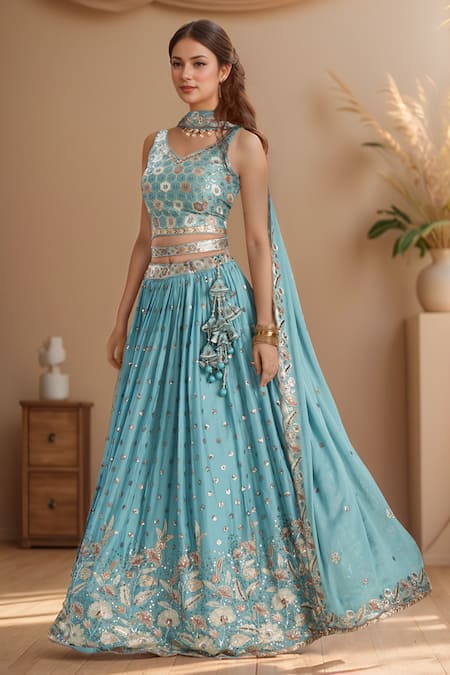 Shop_Samyukta Singhania_Blue Polyester, Georgette Sequins, Zari, Embroidered Flower Vine Lehenga Set _Online_at_Aza_Fashions
