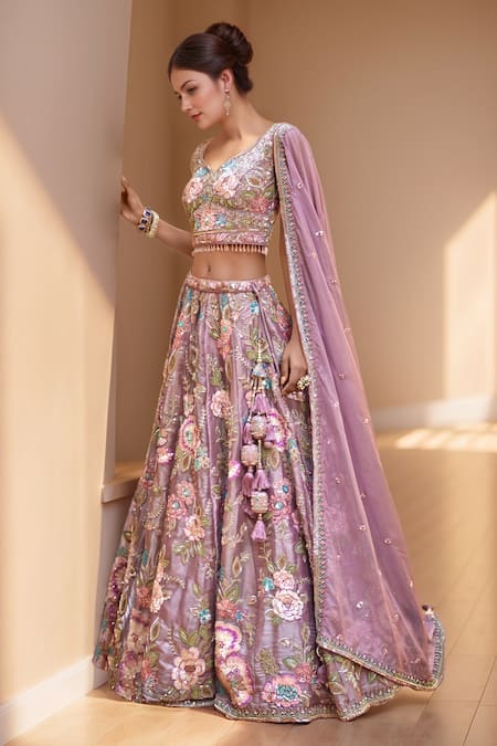 Buy_Samyukta Singhania_Purple Organza, Net, Satin Beads, Embellished Floral Blossom Lehenga Set_Online_at_Aza_Fashions