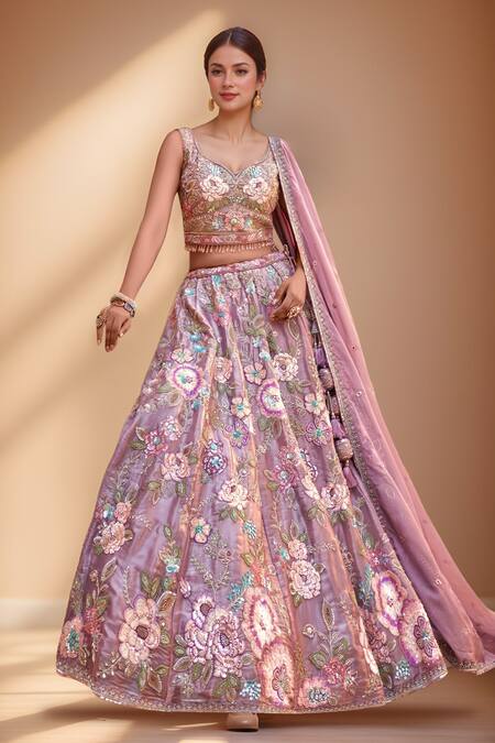 Shop_Samyukta Singhania_Purple Organza, Net, Satin Beads, Embellished Floral Blossom Lehenga Set_Online_at_Aza_Fashions