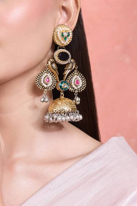 Moh-Maya By Disha Khatri_Multi Color Stones Parrot Carved Motif Jhumkas_at_Aza_Fashions